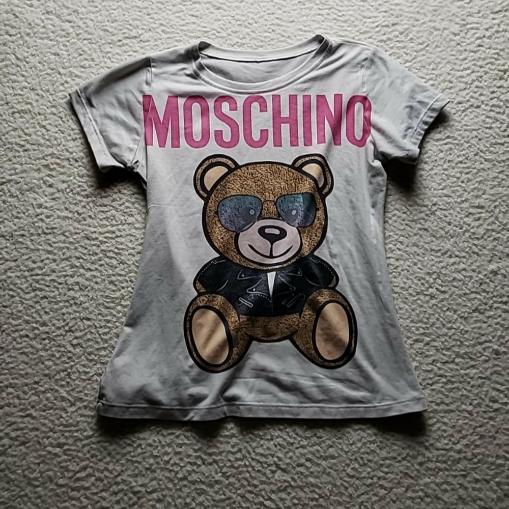 Moschino Shirt Womens Small Gray Crew Neck Short Sleeve Teddy Bear Graphic Top